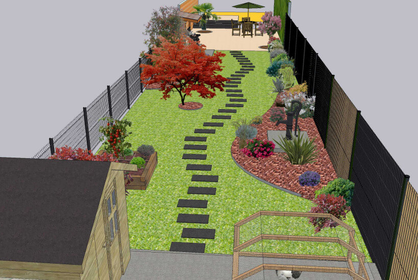 Intervention de Val Paysages - Modélisation 3D d'un jardin avec allée et terrasse.